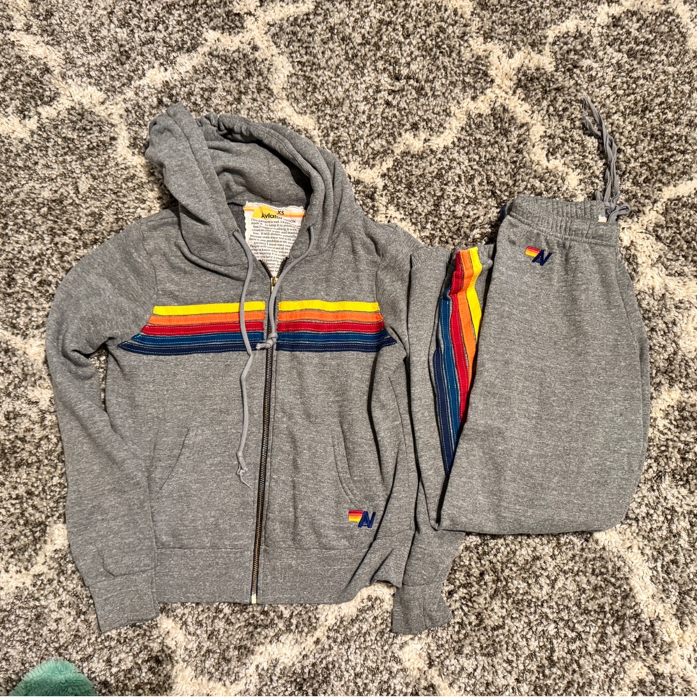 Aviator Nation Gray Sweatsuit with Rainbow Stripes